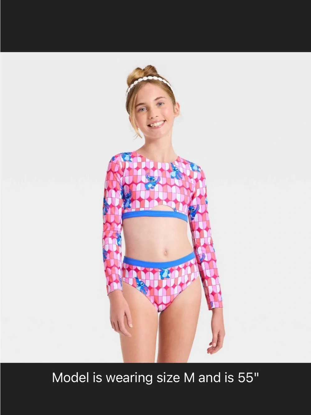 Disney Stitch Pink & Blue Floral Geometric Long-Sleeve Rash Guard Set